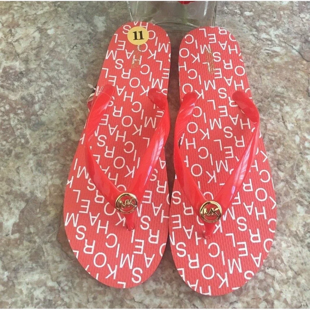 NEW MICHAEL KORS FLIP FLOP MANDARIN LOGO PRINT GOLD MK LOGO SIZE 11, $69.99